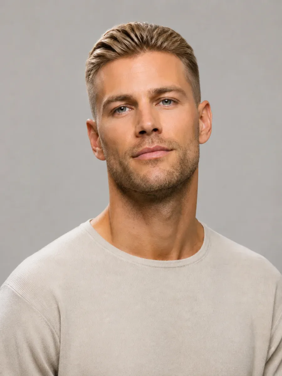 After the hairstyle filter: Shoulder-length blond to a short swept-back cut