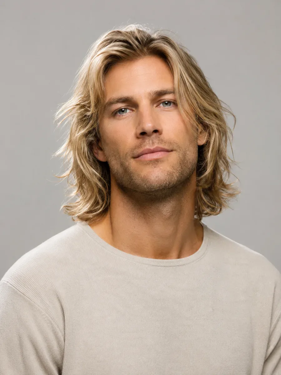Before the hairstyle filter: Shoulder-length blond to a short swept-back cut