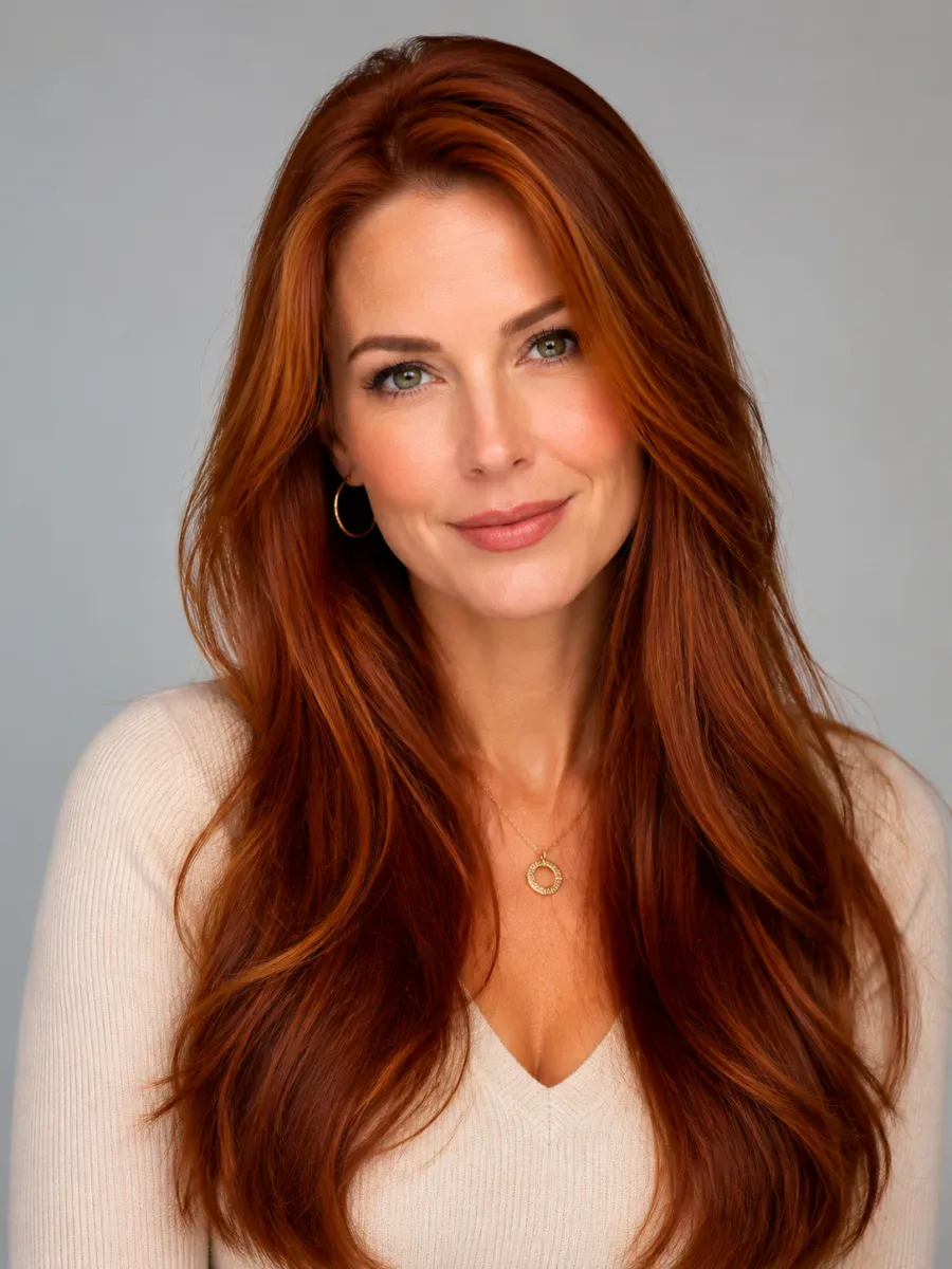 Before: woman with long copper-red hair