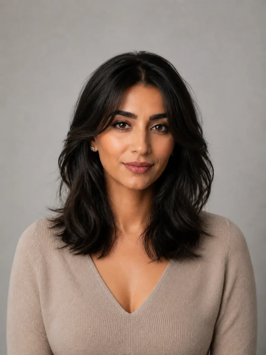 Woman with shoulder-length curtain layers