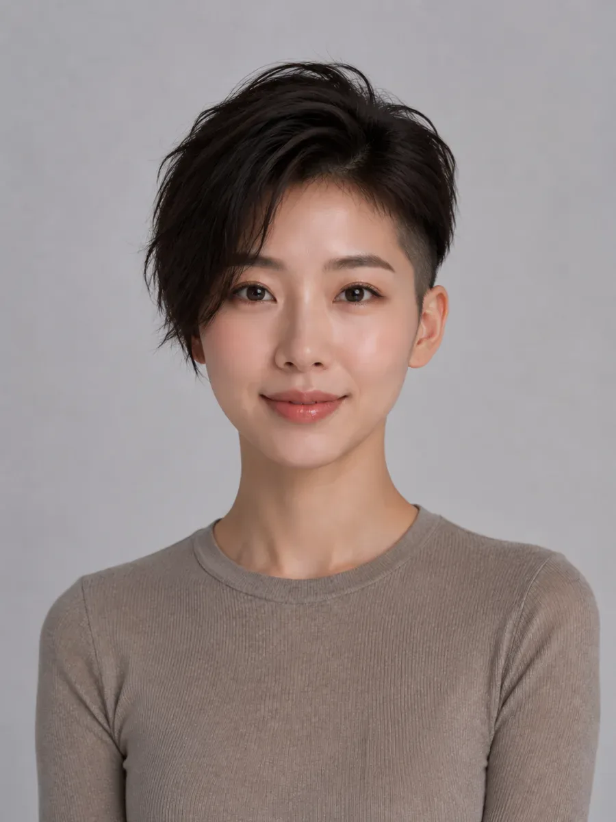 Woman previewing a short undercut pixie cut on her photo