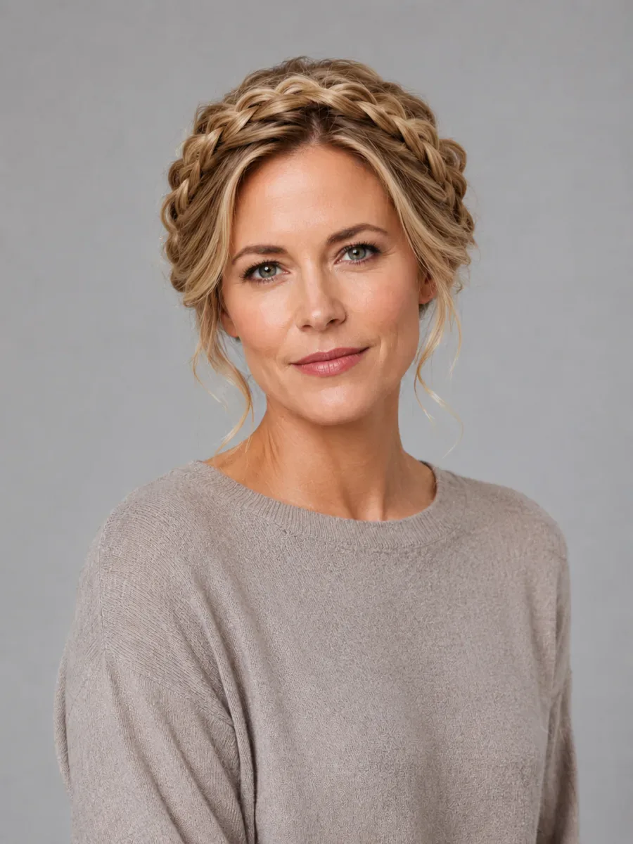After: the same woman with her hair styled in a braided crown