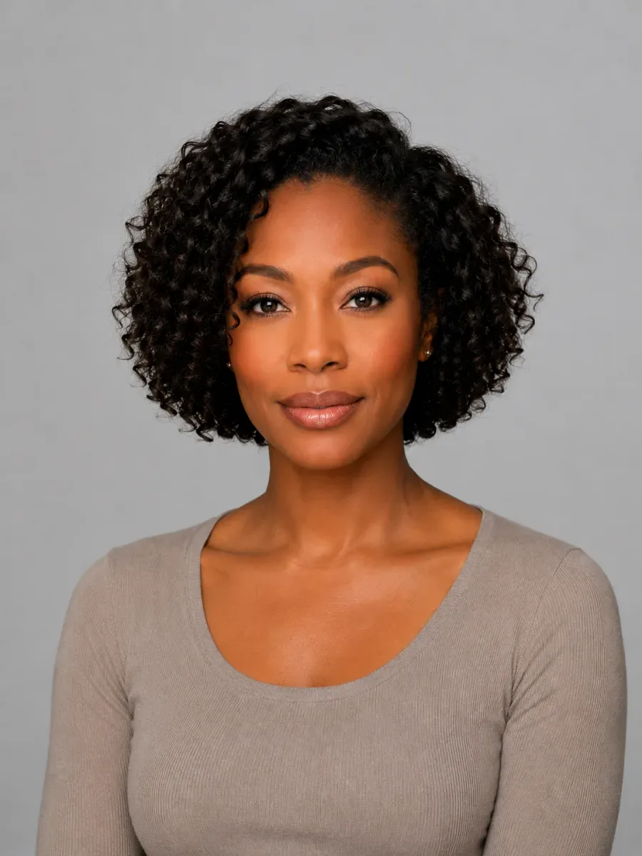 After: the same woman with a chin-length curly bob