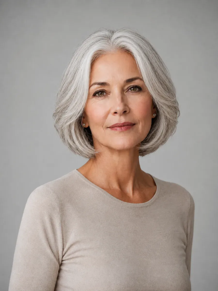 After the hairstyle filter: Long silver hair to a layered bob
