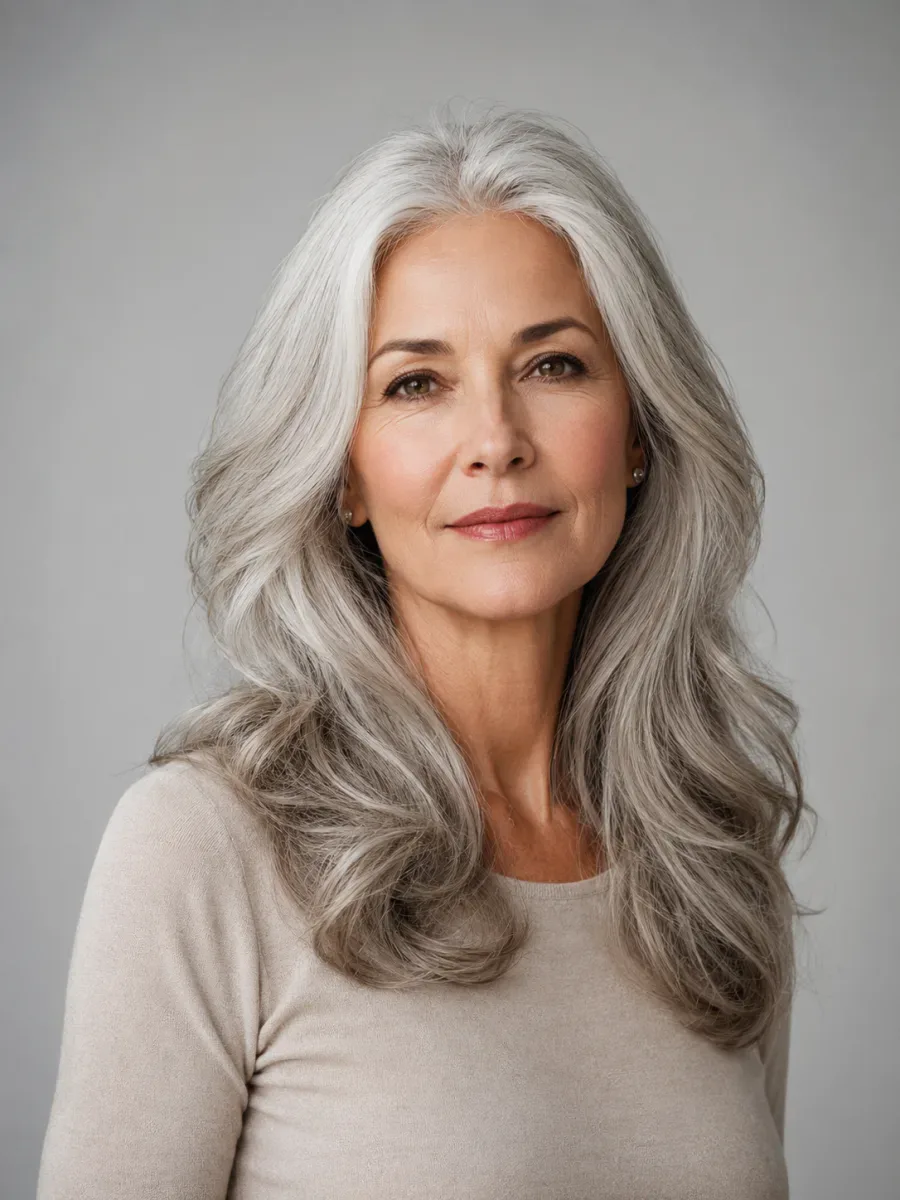 Before the hairstyle filter: Long silver hair to a layered bob