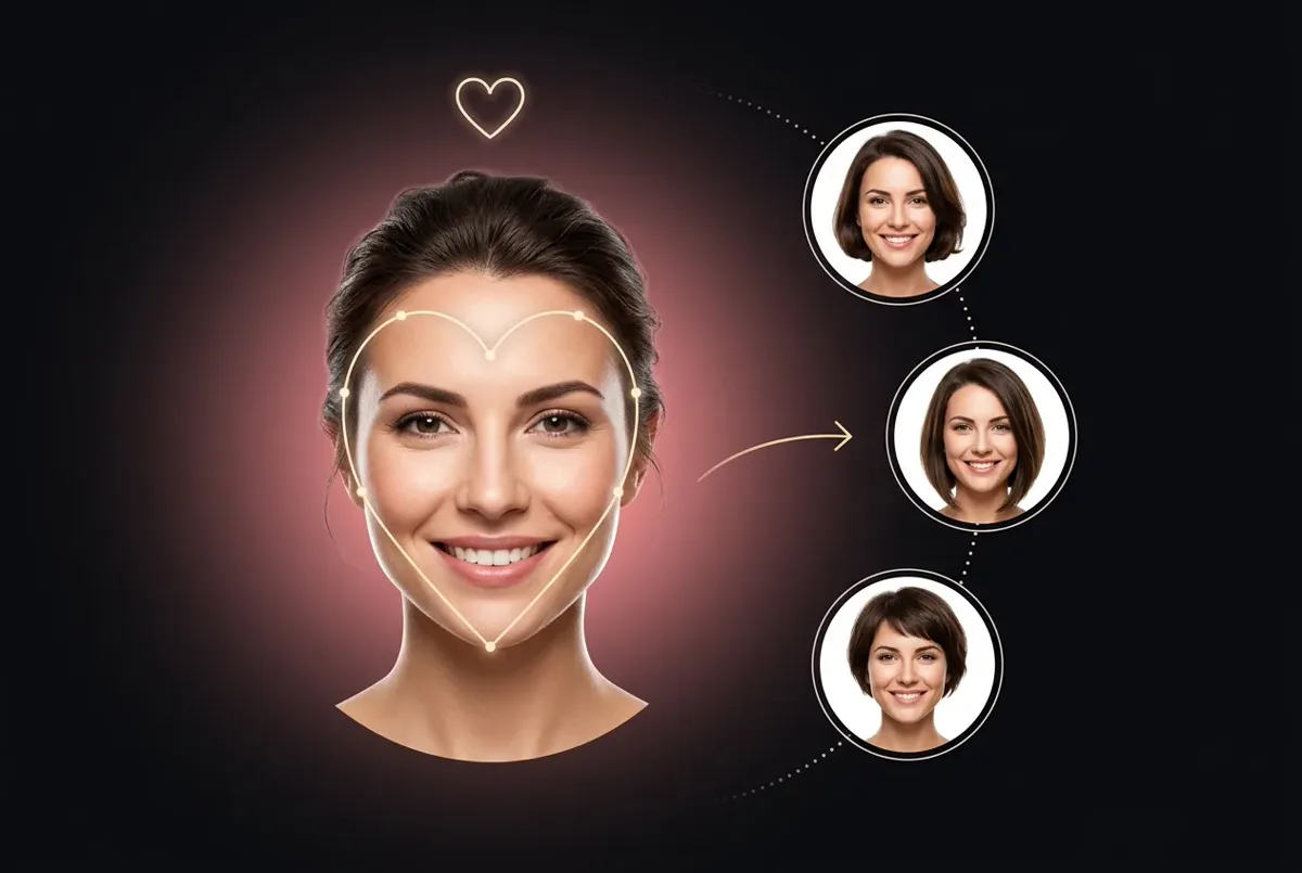 Heart face shape outline with three example haircuts
