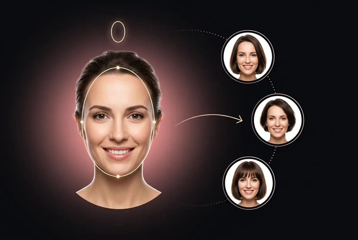 Long face shape outline with three example haircuts