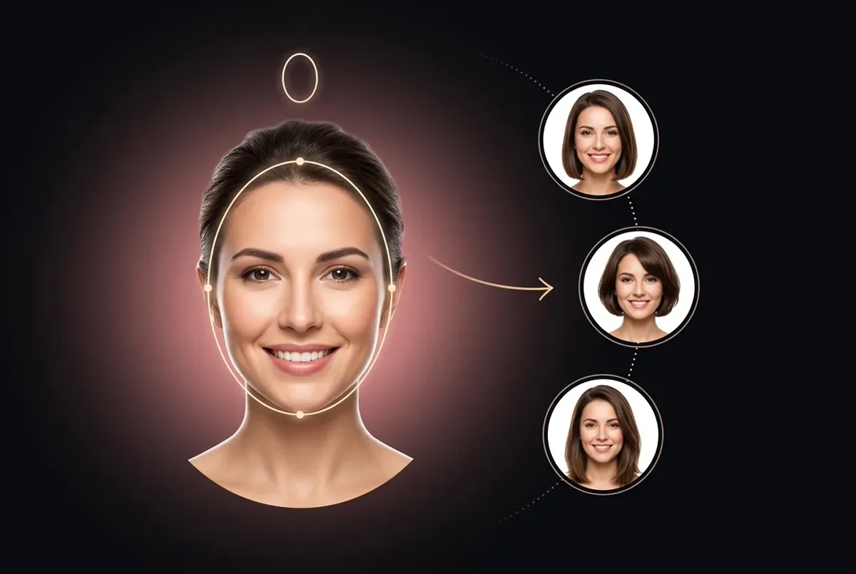 Oval face shape outline with three example haircuts