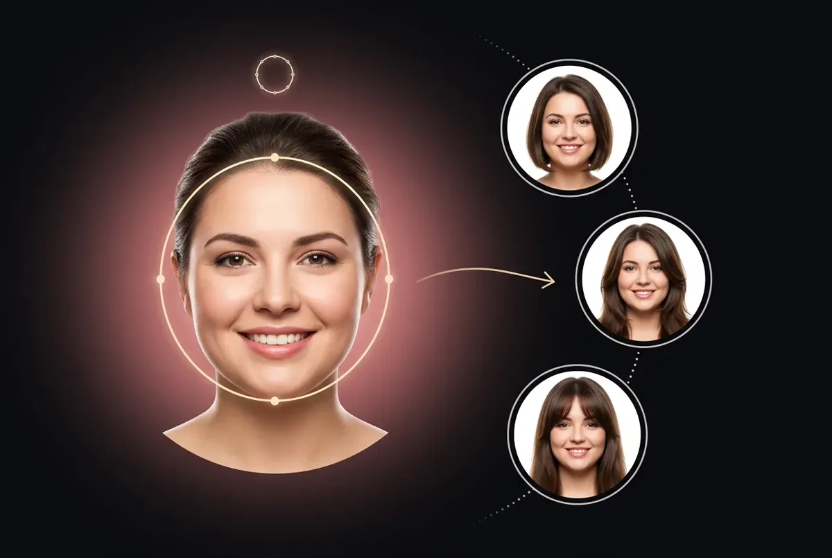 Round face shape outline with three example haircuts