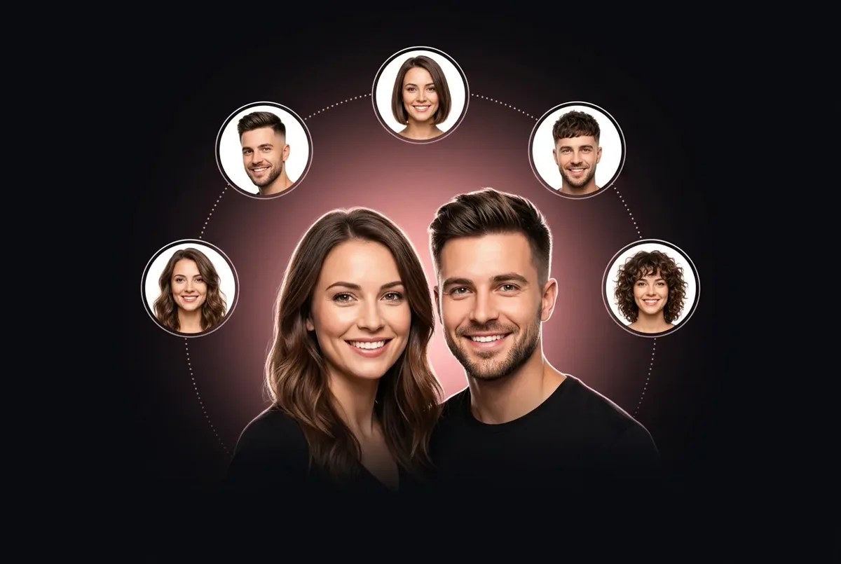 A man and a woman surrounded by small hairstyle thumbnails