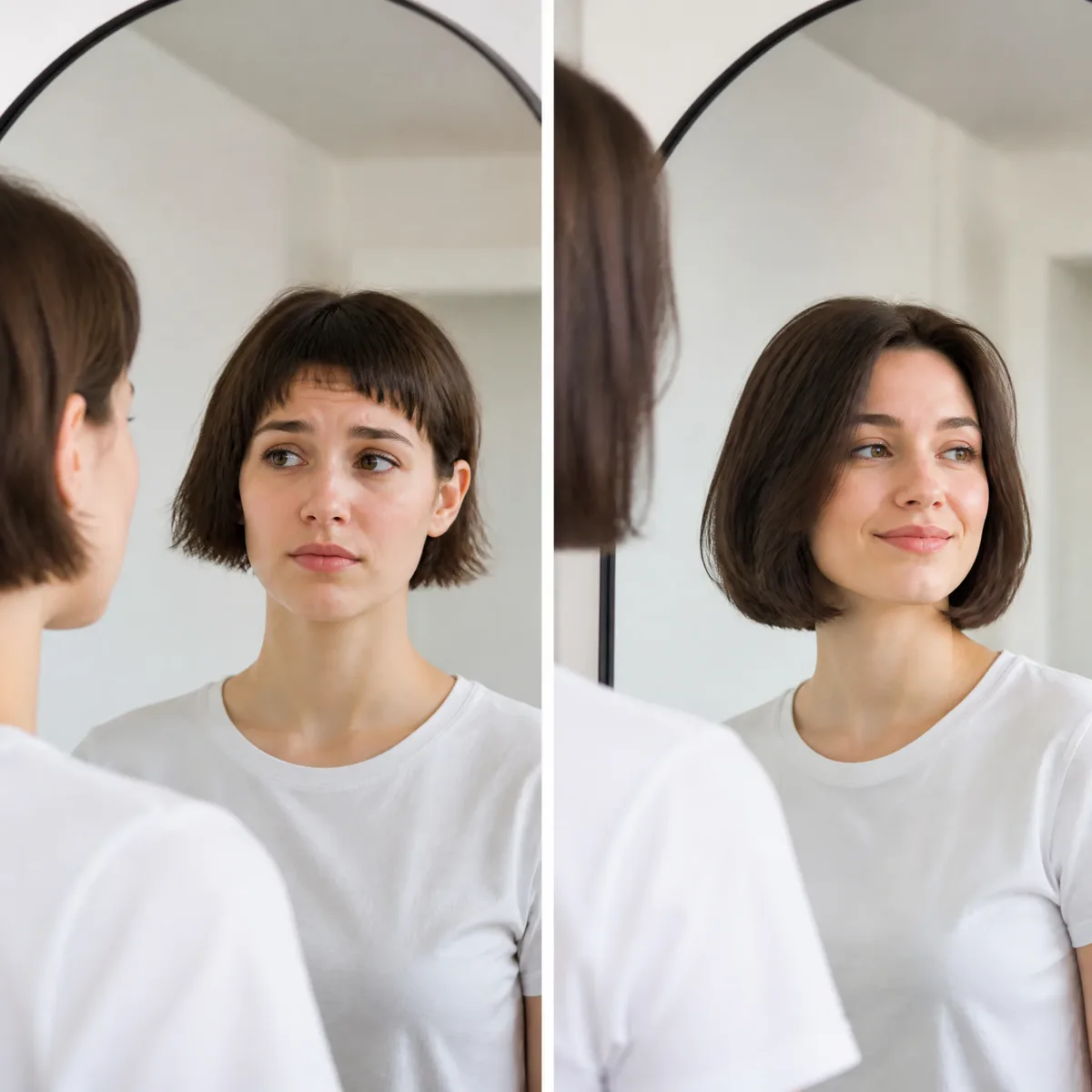 Woman looking at a short bob in the mirror