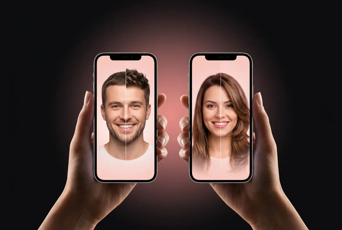 Two phones showing portraits of a man and a woman with new hairstyles